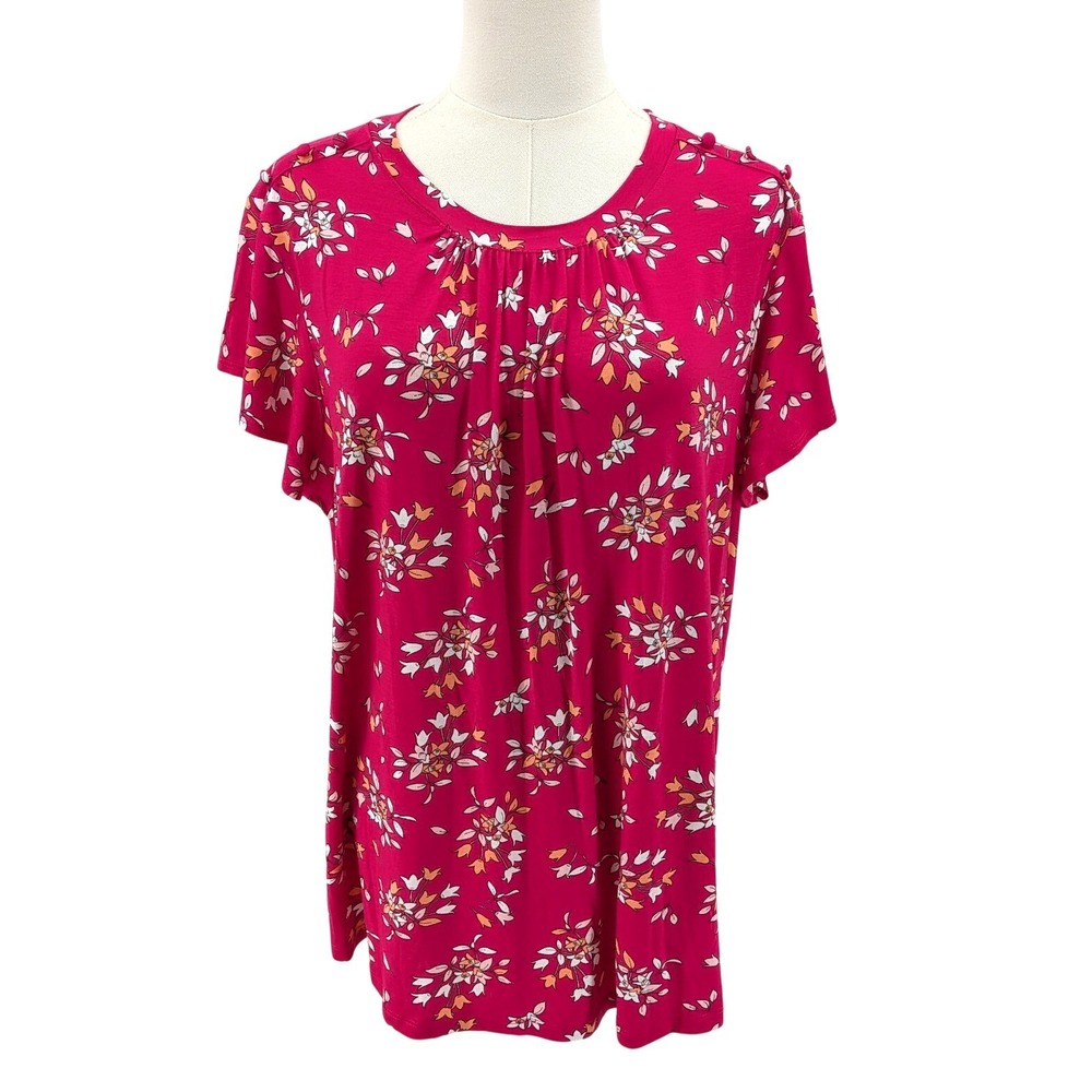 Bright floral swing top pink rayon flowy soft stretch blouse XL Liz Claiborne